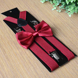 Maxbell 3xMens Suspenders with Bow Tie Y Back Braces for Formal Wear Halloween Cosplay Dark Red