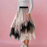 Maxbell 2xTulle Skirts for Women MIDI Long Mesh Layered Dress Elastic Waist Tutu Skirt Pink White