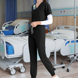 Maxbell 2xNursing Uniforms Scrub Set Short Sleeve Nurse Top and Pants for Pet Groomer