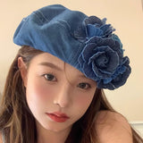 Maxbell 5xWomen Beret Hat Gift Casual Comfortable Painter Hat for Autumn Spring Hiking Denim Color