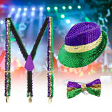 Maxbell Sequin Cowboy Hat Men's Suspender Tie Set for Performance Wedding Mardi Gras Sequin Suspender Tie