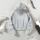 Maxbell Hooded Sweatshirt White Letters Grey Fall Cloth with Drawstring Pullover Top L