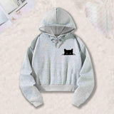 Maxbell Women Cropped Hoodie Casual Cat Graphic Stylish Streetwear Drawstring Hoodie S