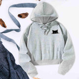 Maxbell Women Cropped Hoodie Casual Cat Graphic Stylish Streetwear Drawstring Hoodie M