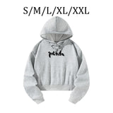 Maxbell Cropped Hoodie Black Letters Grey Lightweight Long Sleeve Sweater Sweatshirt S