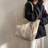 Puffer Tote Bag Large Capacity Soft Shoulder Bag for Shopping Work Commuting Beige