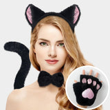 Maxbell Maxbell Kitten Ears Headband Bow Tie Paws Gloves and Tail Set Soft for Masquerade Party Black