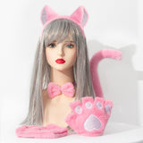 Maxbell Maxbell Kitten Ears Headband Bow Tie Paws Gloves and Tail Set Soft for Masquerade Party Pink