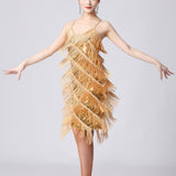 Maxbell Maxbell Women Sequin Tassel Dress Dancewear Flapper Dress for Samba Cha Cha M Gold