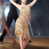 Maxbell Maxbell Women Sequin Tassel Dress Dancewear Flapper Dress for Samba Cha Cha M Gold