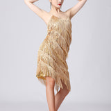 Maxbell Maxbell Women Sequin Tassel Dress Dancewear Flapper Dress for Samba Cha Cha M Gold