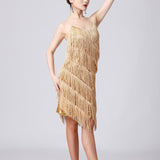Maxbell Maxbell Women Sequin Tassel Dress Dancewear Flapper Dress for Samba Cha Cha M Gold
