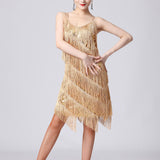 Maxbell Maxbell Women Sequin Tassel Dress Dancewear Flapper Dress for Samba Cha Cha M Gold