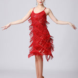 Maxbell Maxbell Women Sequin Tassel Dress Dancewear Flapper Dress for Samba Cha Cha M Red