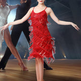 Maxbell Maxbell Women Sequin Tassel Dress Dancewear Flapper Dress for Samba Cha Cha M Red