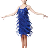 Maxbell Maxbell Women Sequin Tassel Dress Dancewear Flapper Dress for Samba Cha Cha M Blue