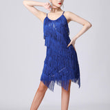 Maxbell Maxbell Women Sequin Tassel Dress Dancewear Flapper Dress for Samba Cha Cha M Blue