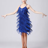 Maxbell Maxbell Women Sequin Tassel Dress Dancewear Flapper Dress for Samba Cha Cha L Blue