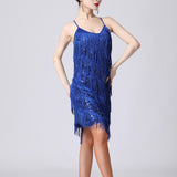 Maxbell Maxbell Women Sequin Tassel Dress Dancewear Flapper Dress for Samba Cha Cha L Blue