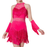 Maxbell Maxbell Women Dance Tassel Dress Dancewear for Music Festival Performance Show Samba Rose Red 3XL