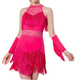 Maxbell Maxbell Women Dance Tassel Dress Dancewear for Music Festival Performance Show Samba Rose Red 3XL