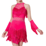 Maxbell Maxbell Women Dance Tassel Dress Dancewear for Music Festival Performance Show Samba Rose Red 3XL
