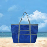 Maxbell Maxbell Mesh Beach Bag with Pockets Foldable Shoulder Bag for Vacation Holiday Women Blue