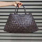 Maxbell Women Woven Tote Bag PU Leather Shopping Bag Handbag for Beach Work Vacation 33cmx19cmx11cm