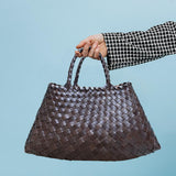 Maxbell Women Woven Tote Bag PU Leather Shopping Bag Handbag for Beach Work Vacation 33cmx19cmx11cm