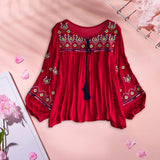Maxbell Women's Mexican Embroidered Tops Bohemian Blouse for Vacation Shopping Party Red