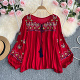 Maxbell Women's Mexican Embroidered Tops Bohemian Blouse for Vacation Shopping Party Red