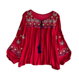 Maxbell Women's Mexican Embroidered Tops Bohemian Blouse for Vacation Shopping Party Red