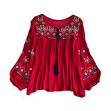 Maxbell Women's Mexican Embroidered Tops Bohemian Blouse for Vacation Shopping Party Red