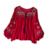 Maxbell Women's Mexican Embroidered Tops Bohemian Blouse for Vacation Shopping Party Red