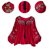 Maxbell Women's Mexican Embroidered Tops Bohemian Blouse for Vacation Shopping Party Red