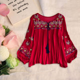 Maxbell Women's Mexican Embroidered Tops Bohemian Blouse for Vacation Shopping Party Red