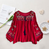 Maxbell Women's Mexican Embroidered Tops Bohemian Blouse for Vacation Shopping Party Red
