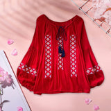Maxbell Women Embroidery Blouse Lightweight Elegant Casual Tops Round Neck Boho Tops Red