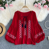 Maxbell Women Embroidery Blouse Lightweight Elegant Casual Tops Round Neck Boho Tops Red
