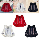 Maxbell Women Embroidery Blouse Lightweight Elegant Casual Tops Round Neck Boho Tops Red