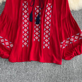 Maxbell Women Embroidery Blouse Lightweight Elegant Casual Tops Round Neck Boho Tops Red