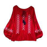 Maxbell Women Embroidery Blouse Lightweight Elegant Casual Tops Round Neck Boho Tops Red
