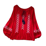 Maxbell Women Embroidery Blouse Lightweight Elegant Casual Tops Round Neck Boho Tops Red