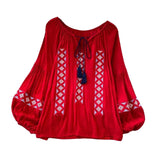 Maxbell Women Embroidery Blouse Lightweight Elegant Casual Tops Round Neck Boho Tops Red