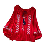 Maxbell Women Embroidery Blouse Lightweight Elegant Casual Tops Round Neck Boho Tops Red