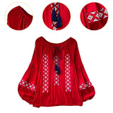 Maxbell Women Embroidery Blouse Lightweight Elegant Casual Tops Round Neck Boho Tops Red