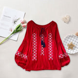 Maxbell Women Embroidery Blouse Lightweight Elegant Casual Tops Round Neck Boho Tops Red