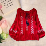 Maxbell Women Embroidery Blouse Lightweight Elegant Casual Tops Round Neck Boho Tops Red