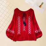 Maxbell Women Embroidery Blouse Lightweight Elegant Casual Tops Round Neck Boho Tops Red