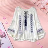 Maxbell Women Embroidery Blouse Lightweight Elegant Casual Tops Round Neck Boho Tops White